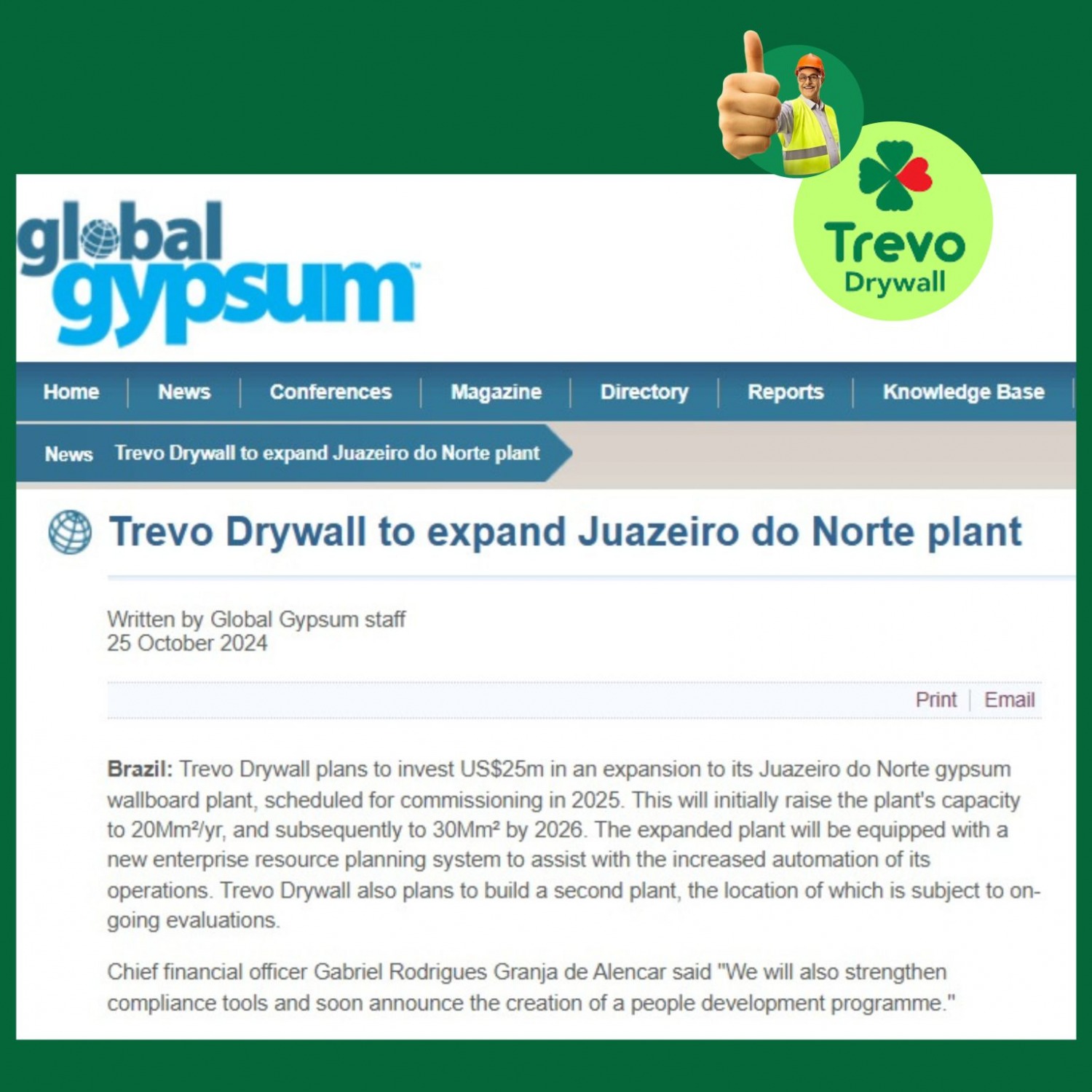 Global Gypsum publica matéria sobre a Trevo Drywall - Revista britância é referência na cobertura da indústria de construção a seco